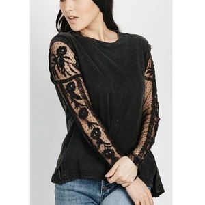 Free People Billie Jean Twofer Top Lace Sleeves Black
